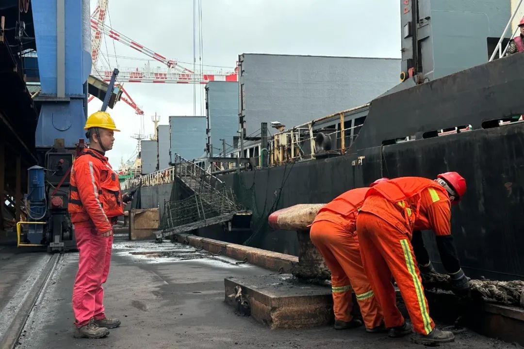 现场指挥手、作业人员在码头前沿检查船舶系缆情况.jpg